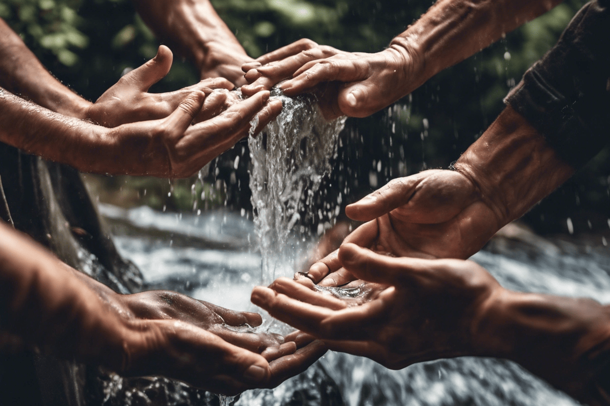 Hands of several people receiving a waterfall